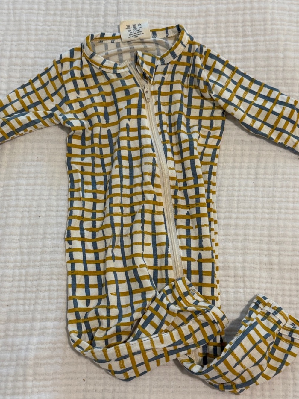 Unisex Kids Zip-Front Footie in Mustard and Blue Plaid